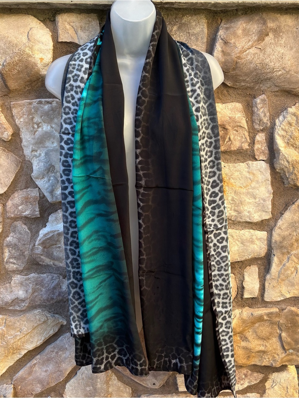 Manish Vaid Silk Scarf Wrap Animal Print Black Turquoise Made in India NWOT